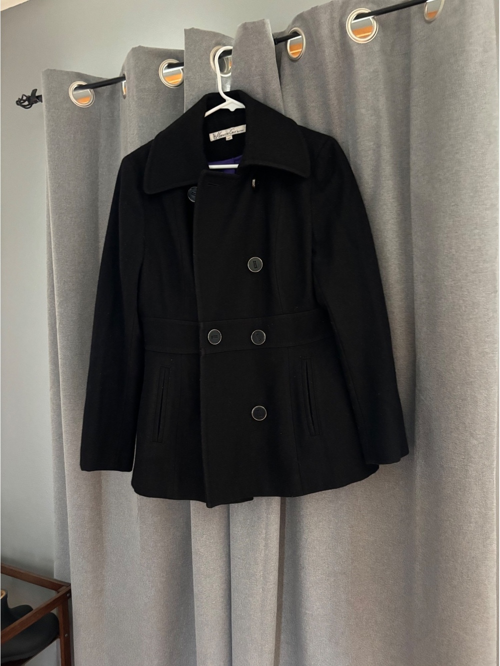 Kenneth Cole Women's Black Wool Blend Peacoat Size 12 with Purple Satin Lining